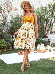 SHEIN Maternity 1pc Sunflower Print Ruffle Trim Cami Dress - Multicolor - View 5