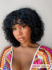 Perruque fait à la machine crépue bouclée avec franges 150%/180% densité 8 pouces naturel noir couleur 100% humain cheveux qualité supérieure court Perruque pour femme human hair - SNatural - Voir 2