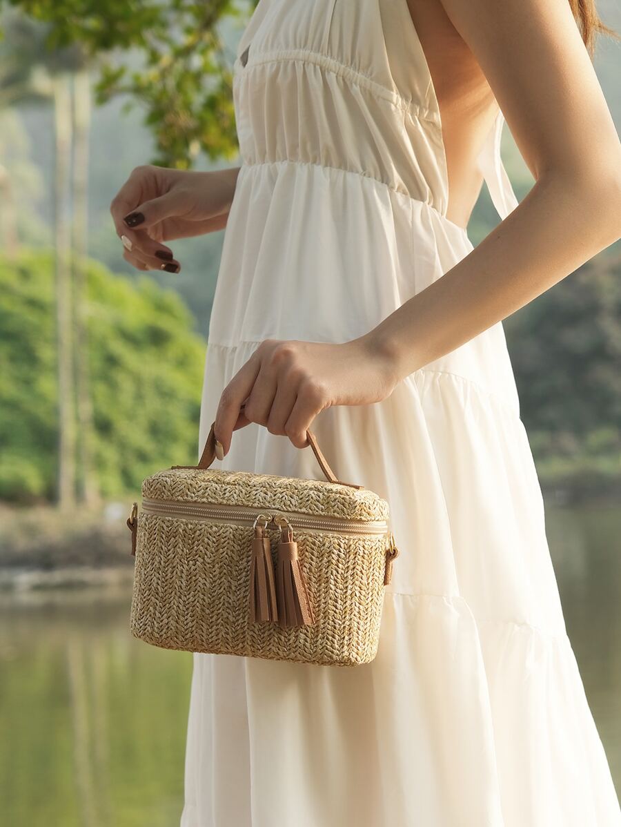 Đúng mốt , Tối giản , Giải trí , Mini Túi Bucket Tua trang trí Túi Rơm Đối với Kỳ nghỉ Cho cô gái , Thiếu niên Hoàn hảo Cho mùa hè , Kỳ nghỉ & bờ biển - Màu Khaki - Xem 1