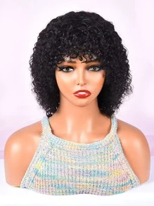 Perruque fait à la machine crépue bouclée avec franges 150%/180% densité 8 pouces naturel noir couleur 100% humain cheveux qualité supérieure court Perruque pour femme human hair - SNatural - Voir 4