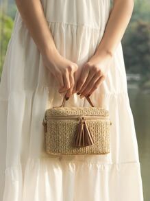 Đúng mốt , Tối giản , Giải trí , Mini Túi Bucket Tua trang trí Túi Rơm Đối với Kỳ nghỉ Cho cô gái , Thiếu niên Hoàn hảo Cho mùa hè , Kỳ nghỉ & bờ biển - Màu Khaki - Xem 4