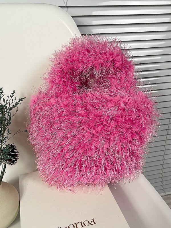 Fuzzy, Soft, Plush Neon Pink Fluffy Satchel Bag pink For Girls, Women