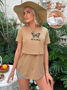 SHEIN Maternity 1pc Butterfly & Letter Graphic Nursing Tee