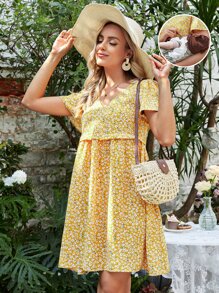 SHEIN V 领短袖彼得潘领前拉链花卉印花孕妇哺乳连衣裙