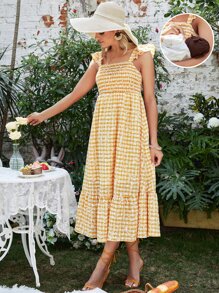 SHEIN Maternity 1Pc Ditsy Floral Print Ruffle Hem Nursing Dress Sun Dresses - Yellow - View 2