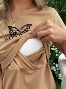 SHEIN Maternity 1pc Butterfly & Letter Graphic Nursing Tee