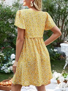 SHEIN V 领短袖彼得潘领前拉链花卉印花孕妇哺乳连衣裙