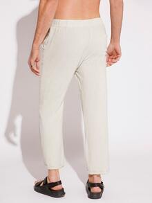 GENTILAND Men Drawstring Waist Solid Trousers - Beige - View 2