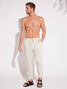 GENTILAND Men Drawstring Waist Solid Trousers - Beige - View 5