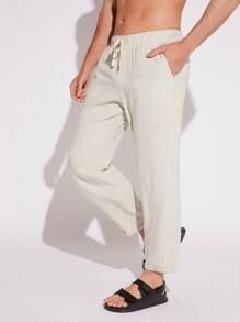 GENTILAND Men Drawstring Waist Solid Trousers - Beige - View 3