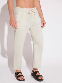 GENTILAND Men Drawstring Waist Solid Trousers - Beige - View 4