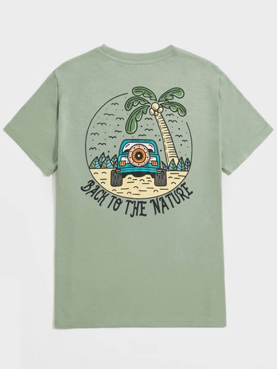 Shakeurbrain Men Cotton Slogan & Palm Tree Print Tee, School