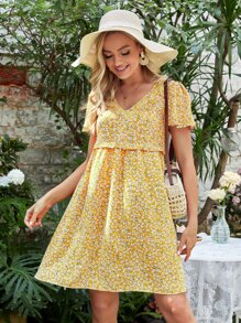 SHEIN V 领短袖彼得潘领前拉链花卉印花孕妇哺乳连衣裙