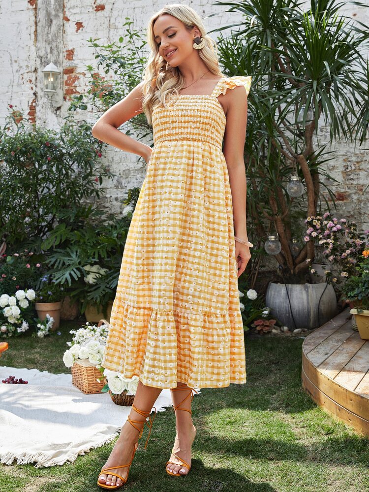 SHEIN Maternity 1Pc Ditsy Floral Print Ruffle Hem Nursing Dress Sun Dresses - Yellow - View 8