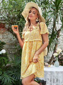 SHEIN V 领短袖彼得潘领前拉链花卉印花孕妇哺乳连衣裙