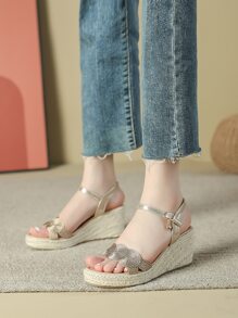 女士金屬色麻底踝帶坡跟涼鞋夏季度假涼鞋 - 卡其色 - 查看 1