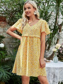 SHEIN V 领短袖彼得潘领前拉链花卉印花孕妇哺乳连衣裙