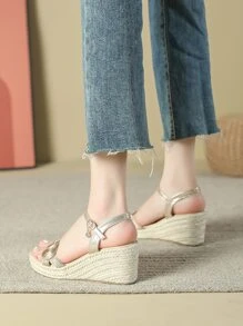 女士金屬色麻底踝帶坡跟涼鞋夏季度假涼鞋 - 卡其色 - 查看 2