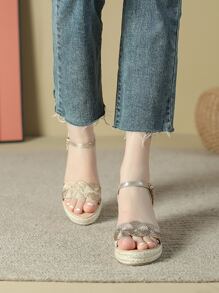 女士金屬色麻底踝帶坡跟涼鞋夏季度假涼鞋 - 卡其色 - 查看 4