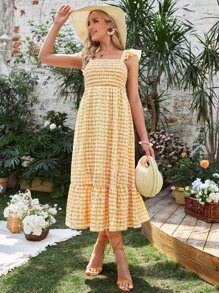 SHEIN Maternity 1Pc Ditsy Floral Print Ruffle Hem Nursing Dress Sun Dresses - Yellow - View 10