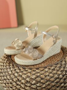 女士金屬色麻底踝帶坡跟涼鞋夏季度假涼鞋 - 卡其色 - 查看 5