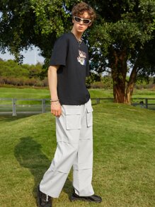 Manfinity Men Flap Pocket Drawstring Waist Cargo Trousers - Light Grey - View 3