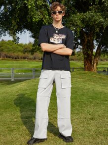 Manfinity Men Flap Pocket Drawstring Waist Cargo Trousers - Light Grey - View 4