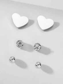 3 cặp/bộ Bông tai trang trí hình trái tim - Bạc - Xem 2