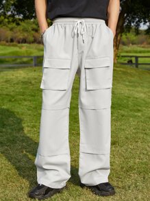 Manfinity Men Flap Pocket Drawstring Waist Cargo Trousers - Light Grey - View 5