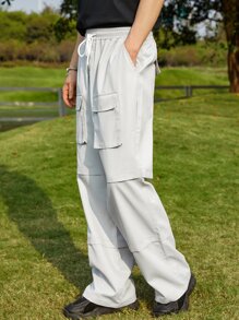 Manfinity Men Flap Pocket Drawstring Waist Cargo Trousers - Light Grey - View 6