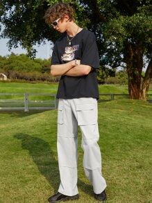 Manfinity Men Flap Pocket Drawstring Waist Cargo Trousers - Light Grey - View 8