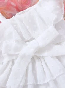 Baby Swiss Dot Ruffle Trim Asymmetrical Neck Belted Dress - White - View 5