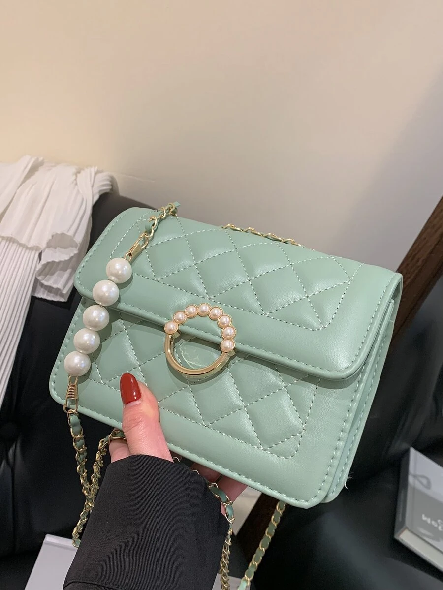 Green Square Bag Faux Pearl Decor Square Bag - Green - View 1