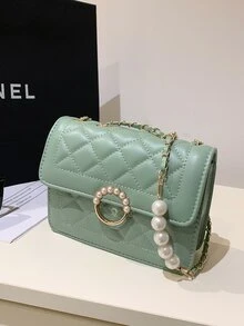 Green Square Bag Faux Pearl Decor Square Bag - Green - View 4