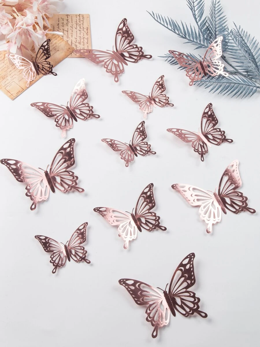 12 Cái/bộ Giấy Dán Bướm Giấy Rỗng Ra 3D Trang Trí Phòng Sáng Tạo Hình Dán Bướm Cho Gia Đình - Hoa hồng vàng - Xem 1