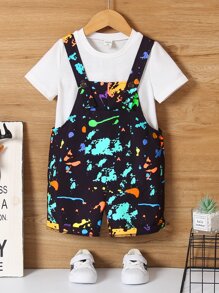 SHEIN Niñito Mono overol con estampado de tinte de salpicadura sin camiseta - Negro - Ver 1