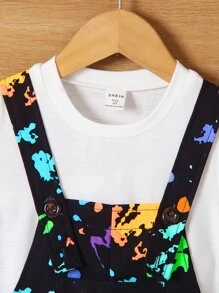 SHEIN Niñito Mono overol con estampado de tinte de salpicadura sin camiseta - Negro - Ver 5