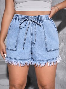 SHEIN Essnce Plus Drawstring Waist Raw Cut Denim Shorts - Light Wash - View 1