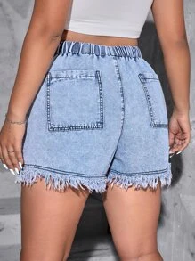 SHEIN Essnce Plus Drawstring Waist Raw Cut Denim Shorts - Light Wash - View 2