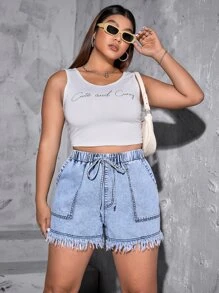 SHEIN Essnce Plus Drawstring Waist Raw Cut Denim Shorts - Light Wash - View 3