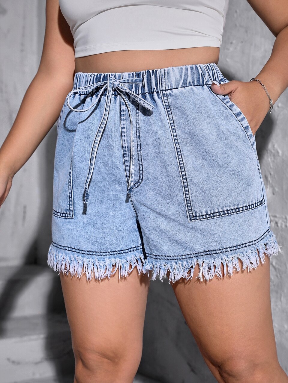 Plus Drawstring Waist Raw Cut Denim Shorts