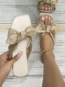 Women Bow Decor Slides, Glamorous Flat Sandals - Gold - View 1