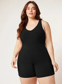 SHEIN BASICS Plus 純色統一連身褲 - 黑色 - 查看 1