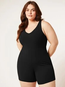 SHEIN BASICS Plus 純色統一連身褲 - 黑色 - 查看 3