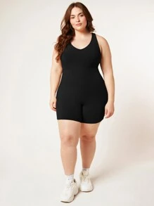 SHEIN BASICS Plus 純色統一連身褲 - 黑色 - 查看 4