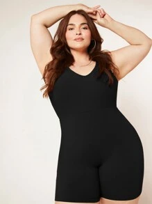 SHEIN BASICS Plus 純色統一連身褲 - 黑色 - 查看 5