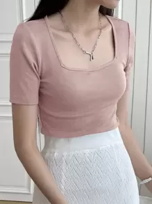 DAZY Camiseta de punto acanalado con cuello cuadrado, tops cortos para mujeres - Rosa - Ver 4