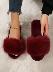 Fall/Winter Women Fuzzy Bedroom Slippers, Fashion Home Slippers,Halloween,Christmas,Fluffy Slippers,New Year Outfits - Burgundy - View 2