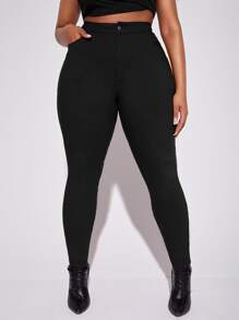 SHEIN SXY Plus High Waist Skinny Solid Pants, For Women Spring Summer - Black - View 1
