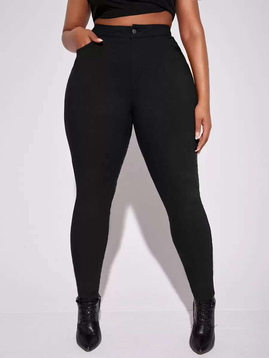 SHEIN SXY Plus High Waist Skinny Solid Pants, For Women Spring Summer - Black - View 1